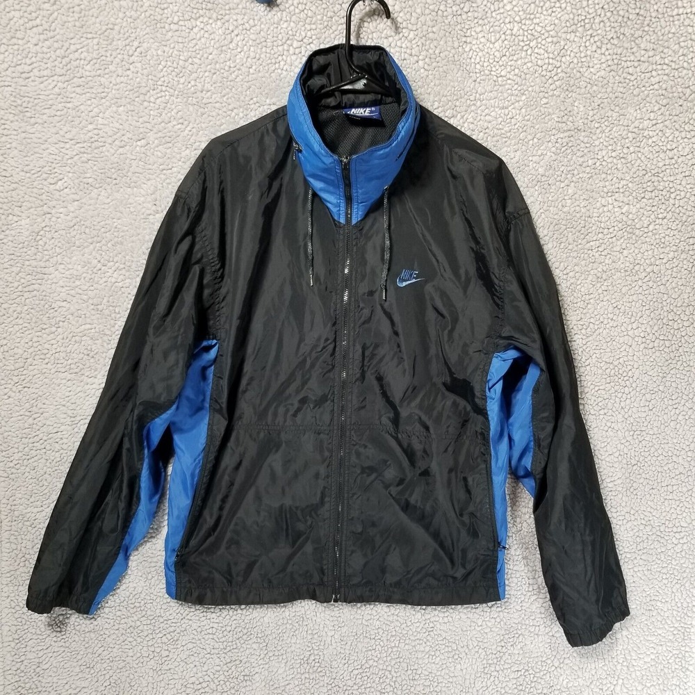 Vintage Nike Jacket Mens Large Blue Black Windbreaker Full Zip With Hood 80s - Picture 4 of 14